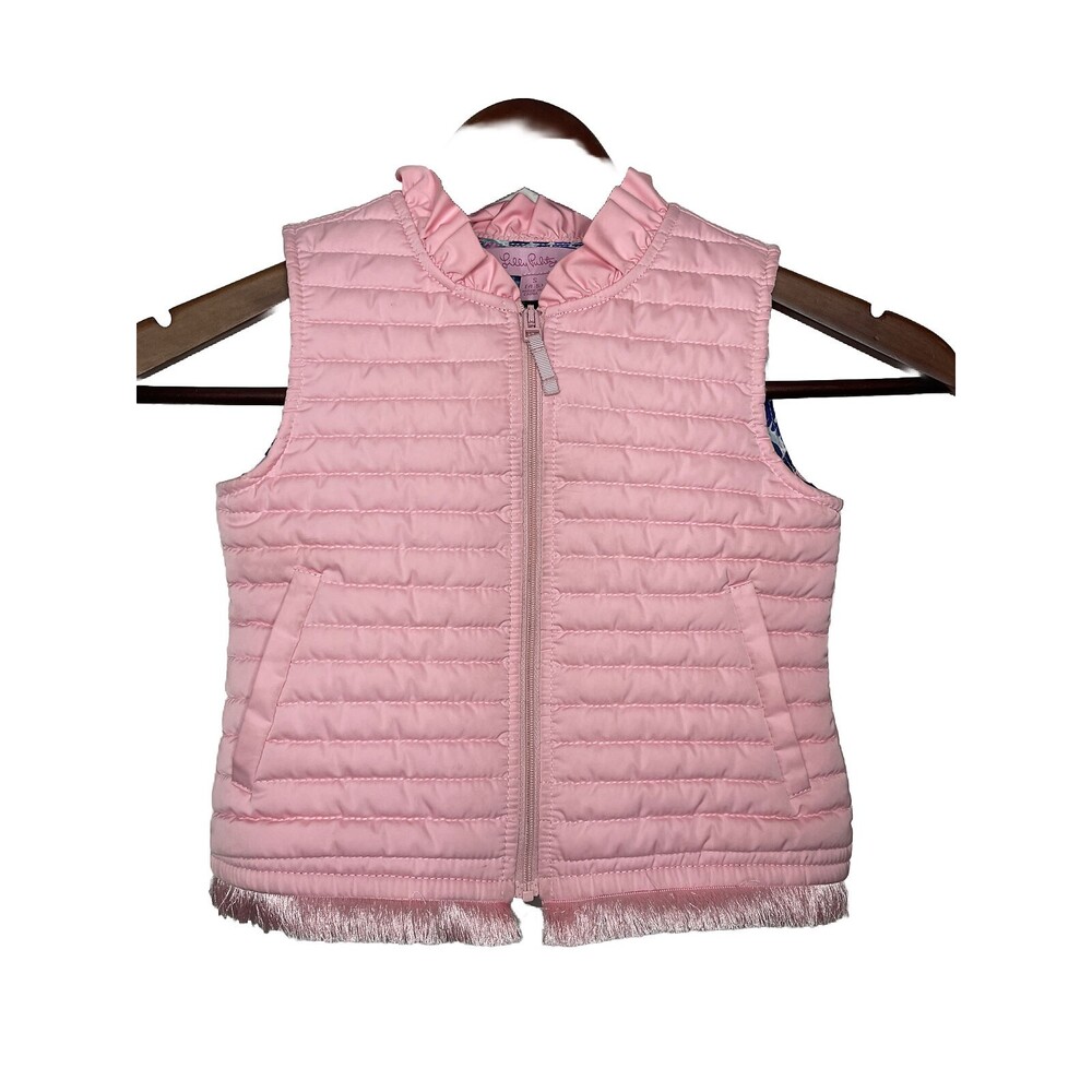 Lilly Pulitzer Girls Small 4-5 Pink Levie Puffer Vest Floral Lining Fringe